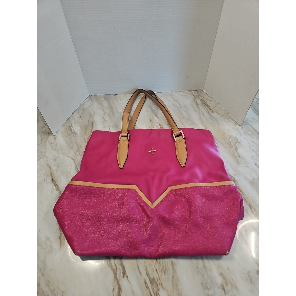 Pour La Victoire Hot Pink Leather Handbag Large Worn Corners Dbl Handle